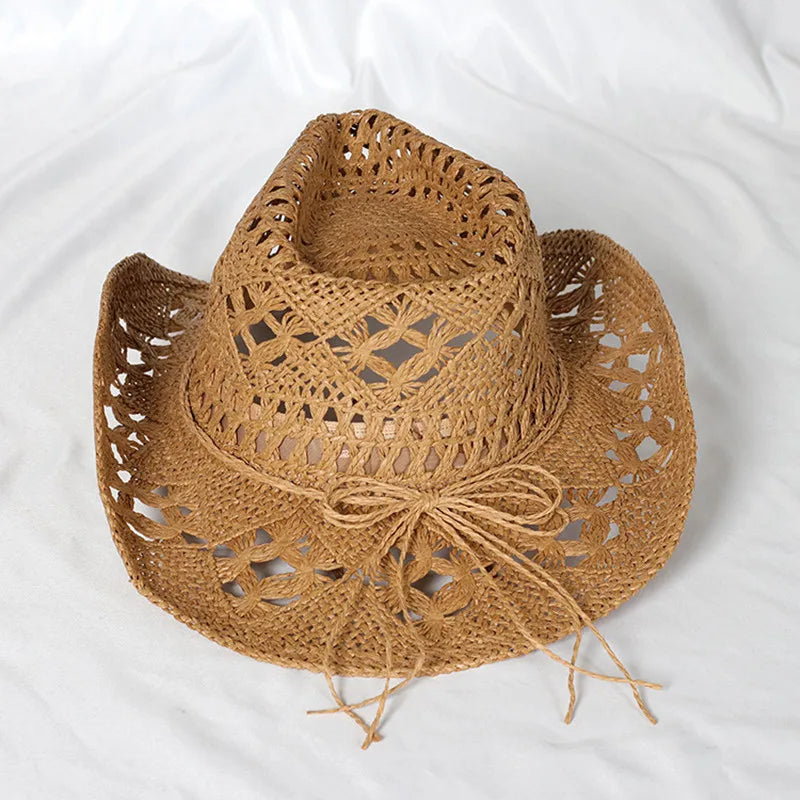 Chapeau de Cowboy Tendance Ajouré — Fait Main en Paille, Style Boho Plage Unisexe