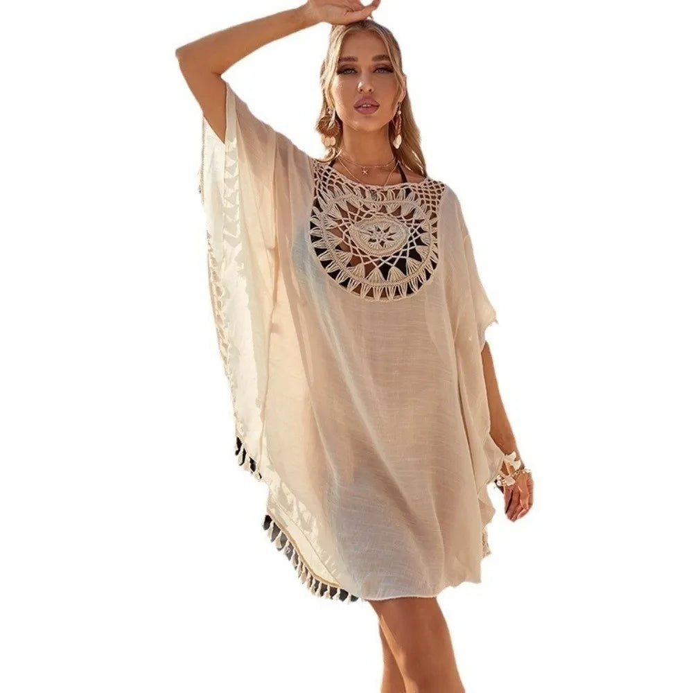 Tunique Cover-Up Plage Tricot Ajourné à Franges — Motif Tournesol Grande Taille Femme