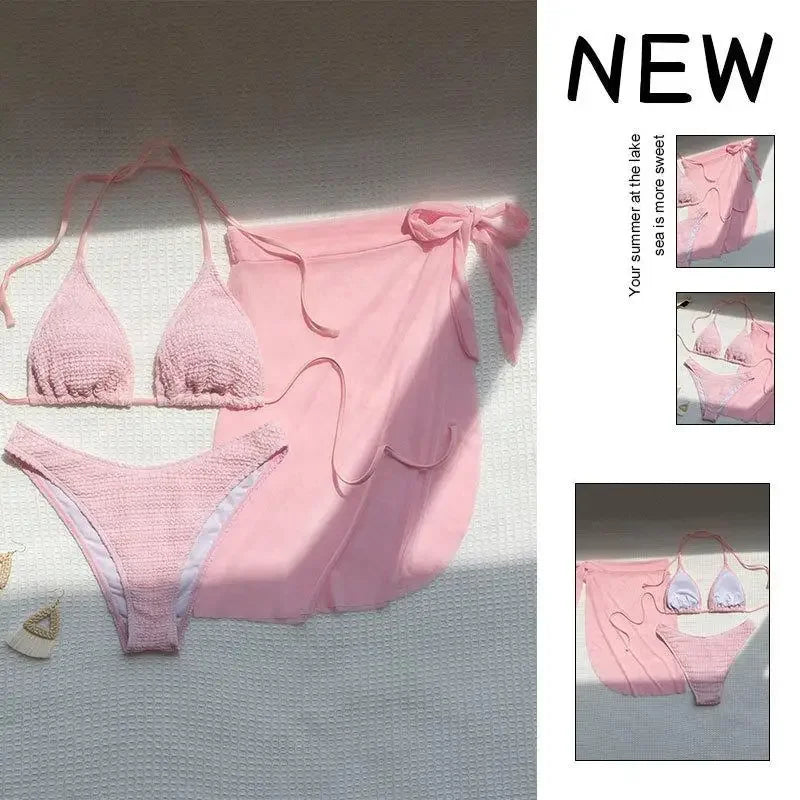 Bikini 3 Pièces Rose Col V Halter — Maillot de Bain Femme Plage