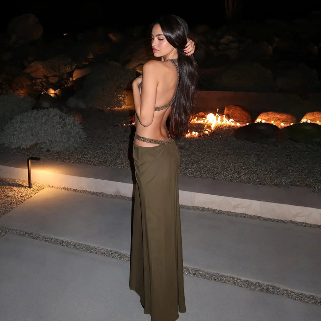Robe Maxi Halter Dos Nu — Robe Longue Soirée Femme Verte & Violette
