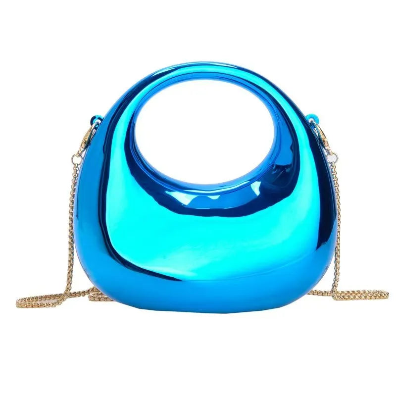Mini Pochette Demi-Lune Métal Brillant — Clutch Soirée Chaîne Femme Style Diamant