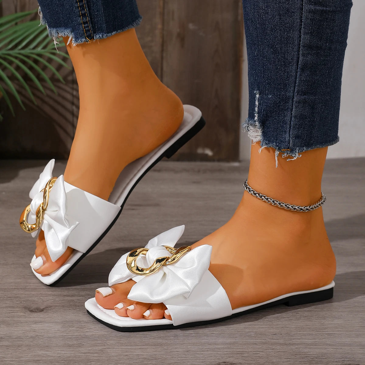 Mules Plates Nœud Papillon Femme — Antidérapantes Style Romain Été