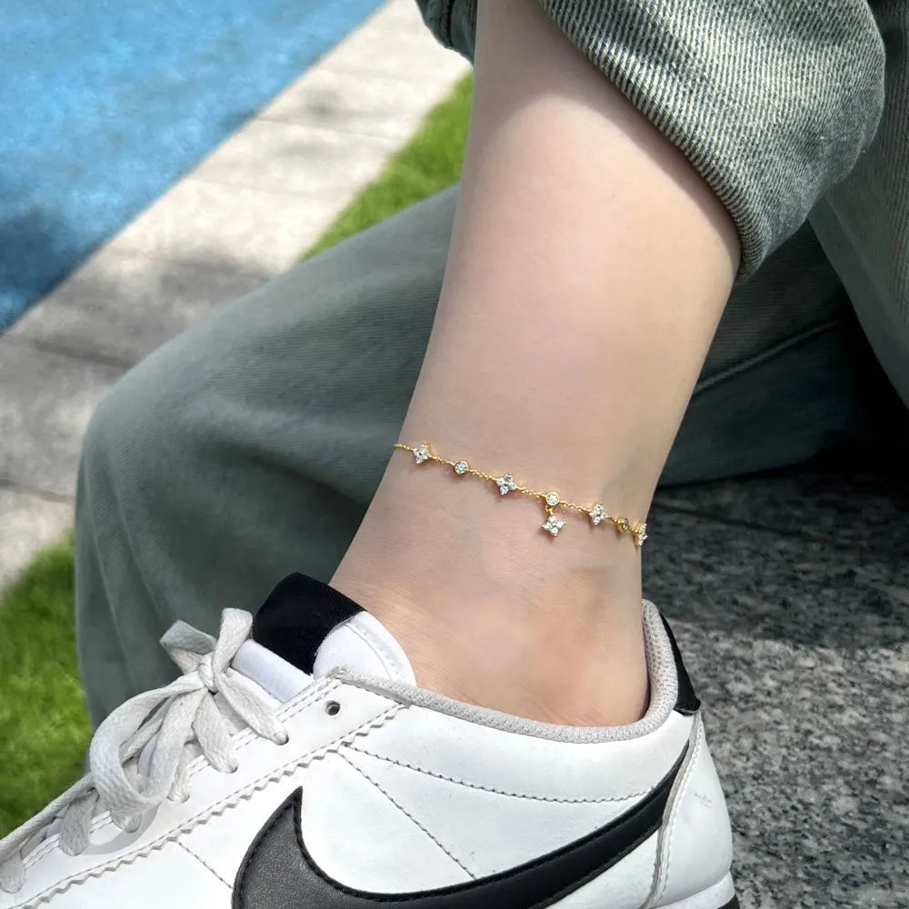 Bracelet de Cheville Trèfle Porte-Bonheur Argent 925 Zircon Femme — Bijou Pied Été