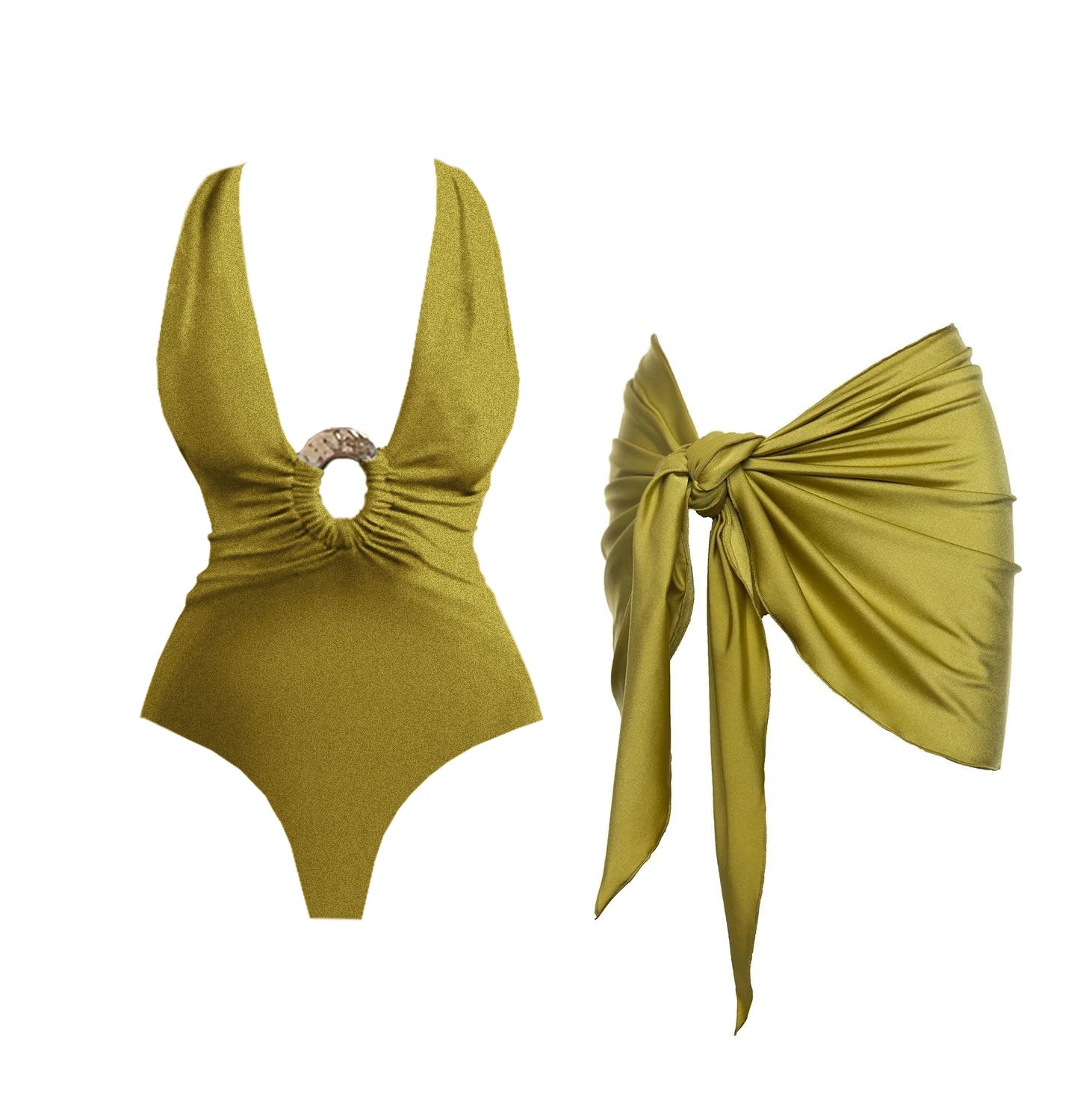 Maillot de Bain Deep V avec Jupe Longue — Ensemble 2 Pièces Femme