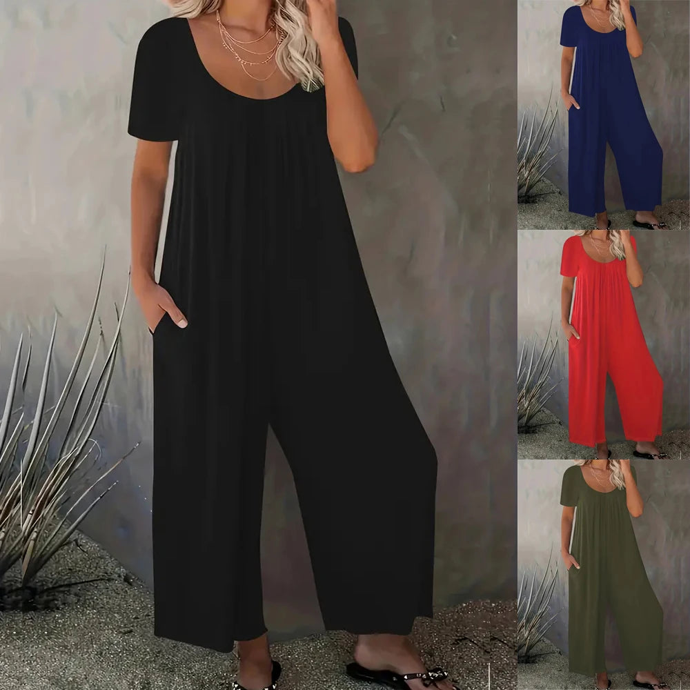 Combinaison Femme Grande Taille — Manches Courtes, Poches, Couleur Unie (0XL-5XL)