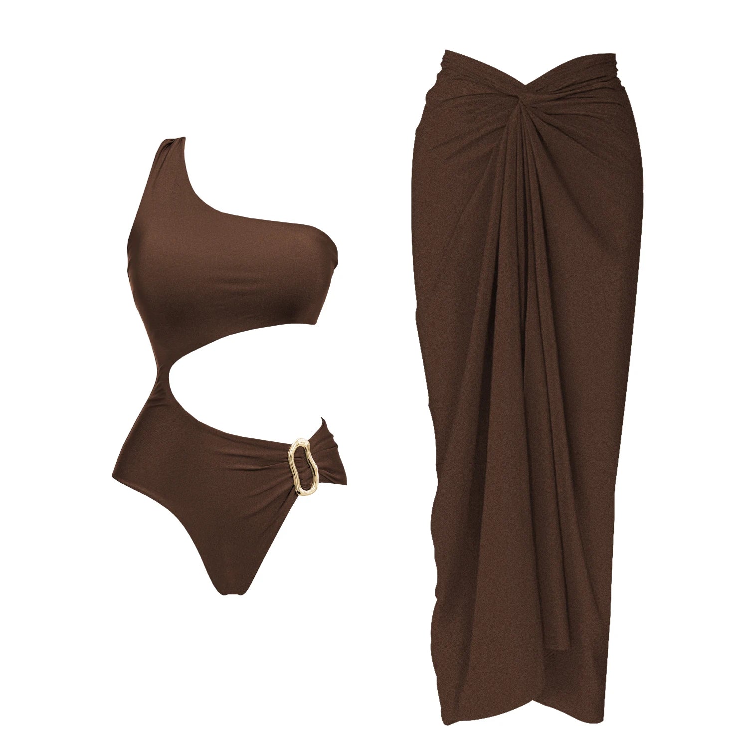 Maillot de Bain Deep V avec Jupe Longue — Ensemble 2 Pièces Femme