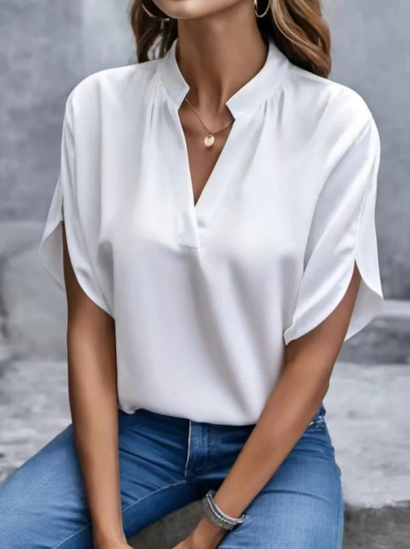 Top Blouse Col V Manches Courtes — Chemisier Casual Femme Grande Taille