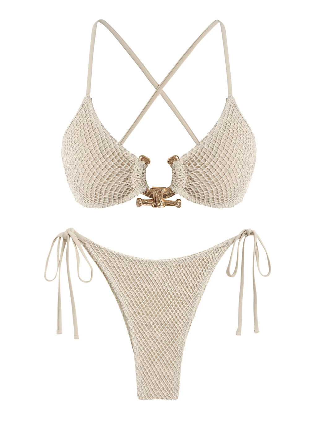 Bikini 2 Pièces Tanga Dos Croisé Anneau Métal — Maillot de Bain Femme Vert Profond