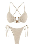 Bikini 2 Pièces Tanga Dos Croisé Anneau Métal — Maillot de Bain Femme Vert Profond