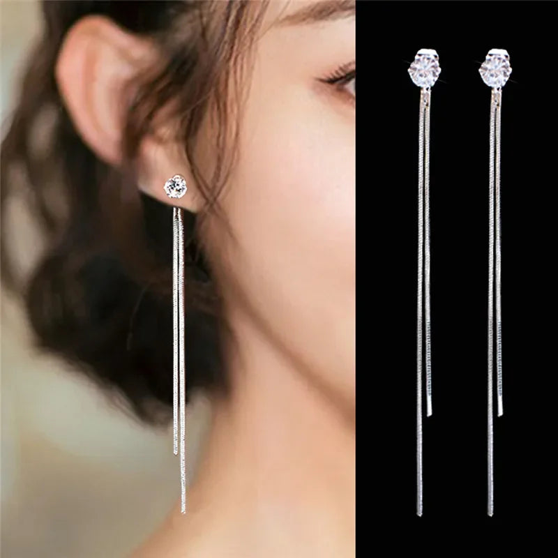 Boucles d'Oreilles Pendantes Zircon Cristal — Ear Line Rose Gold Femme