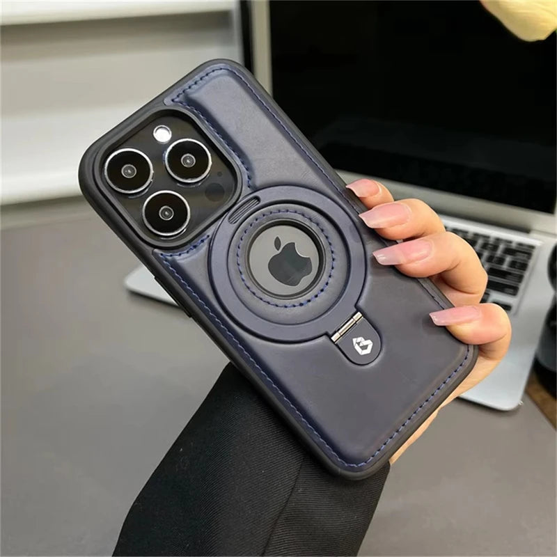 Étui Cuir Luxe MagSafe avec Anneau Magnétique — iPhone 12 à 17 Pro Max, Chargement Sans Fil