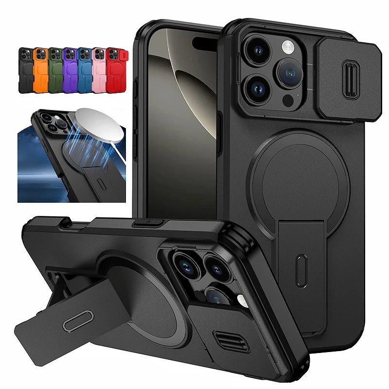 Coque MagSafe iPhone — Protection Objectif Coulissante, Support Intégré, Charge Sans Fil
