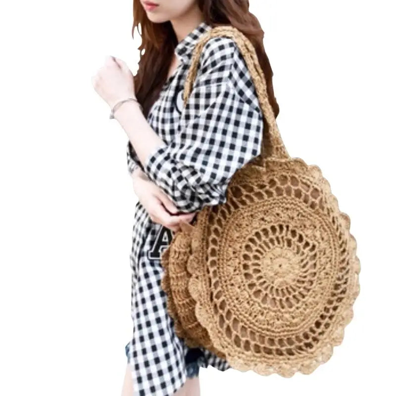 Sac Tote Paille Rond Tressé — Grand Sac de Plage Fait Main Femme Été