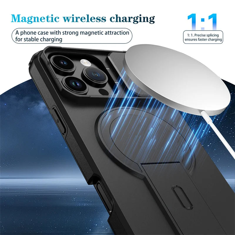 Coque MagSafe iPhone — Protection Objectif Coulissante, Support Intégré, Charge Sans Fil
