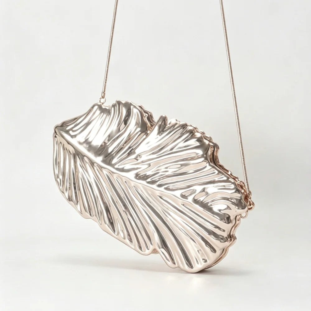 Pochette Soirée Luxe Feuilles Dorées — Clutch Acrylique Rigide Chaîne Femme