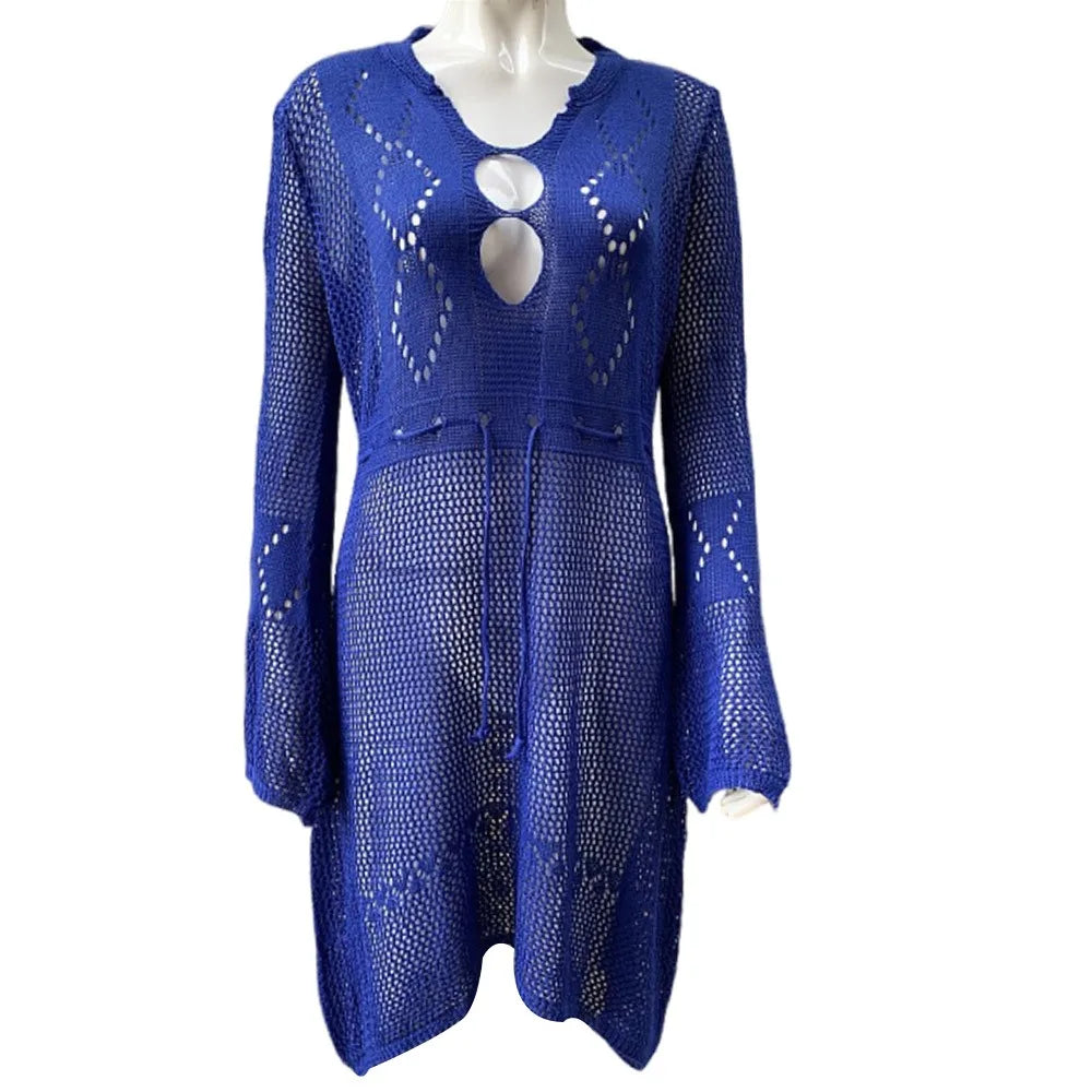 Chemise Cover-Up Plage Tricot Ajourné Col V — Protection Solaire Casual Femme