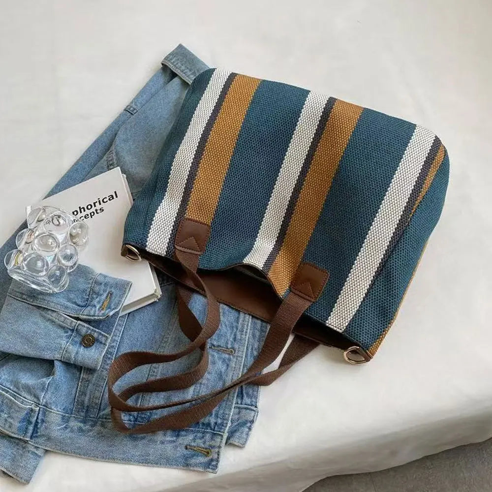 Tote Bag Canvas Rayé Grande Capacité — Sac Bandoulière Casual Unisexe
