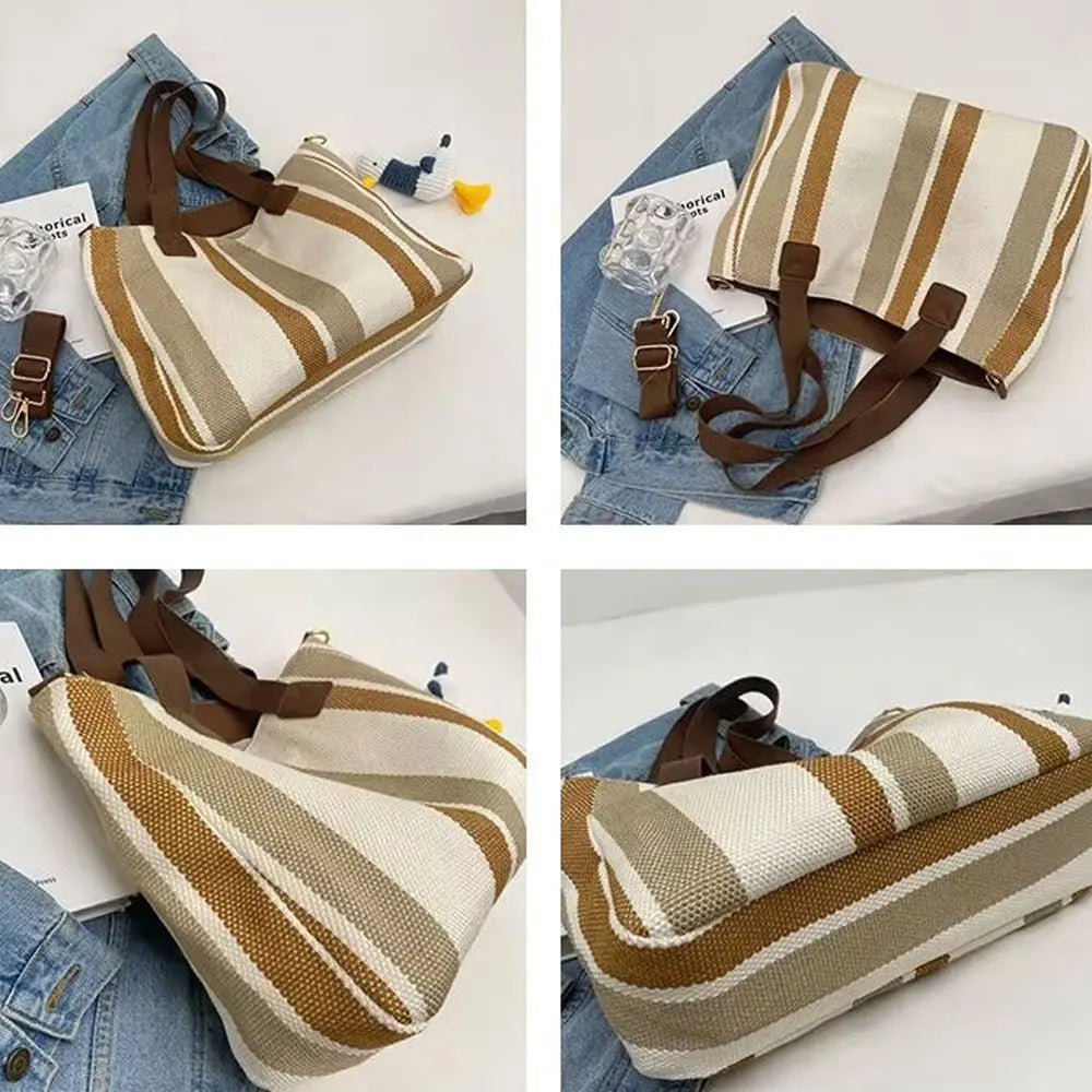 Tote Bag Canvas Rayé Grande Capacité — Sac Bandoulière Casual Unisexe