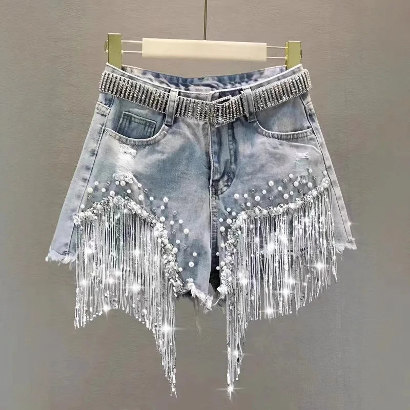Short Jean Destroyé Femme – Ceinture Strass Franges Perles Style Streetwear