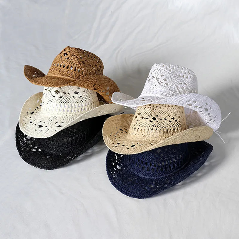 Chapeau de Cowboy Tendance Ajouré — Fait Main en Paille, Style Boho Plage Unisexe