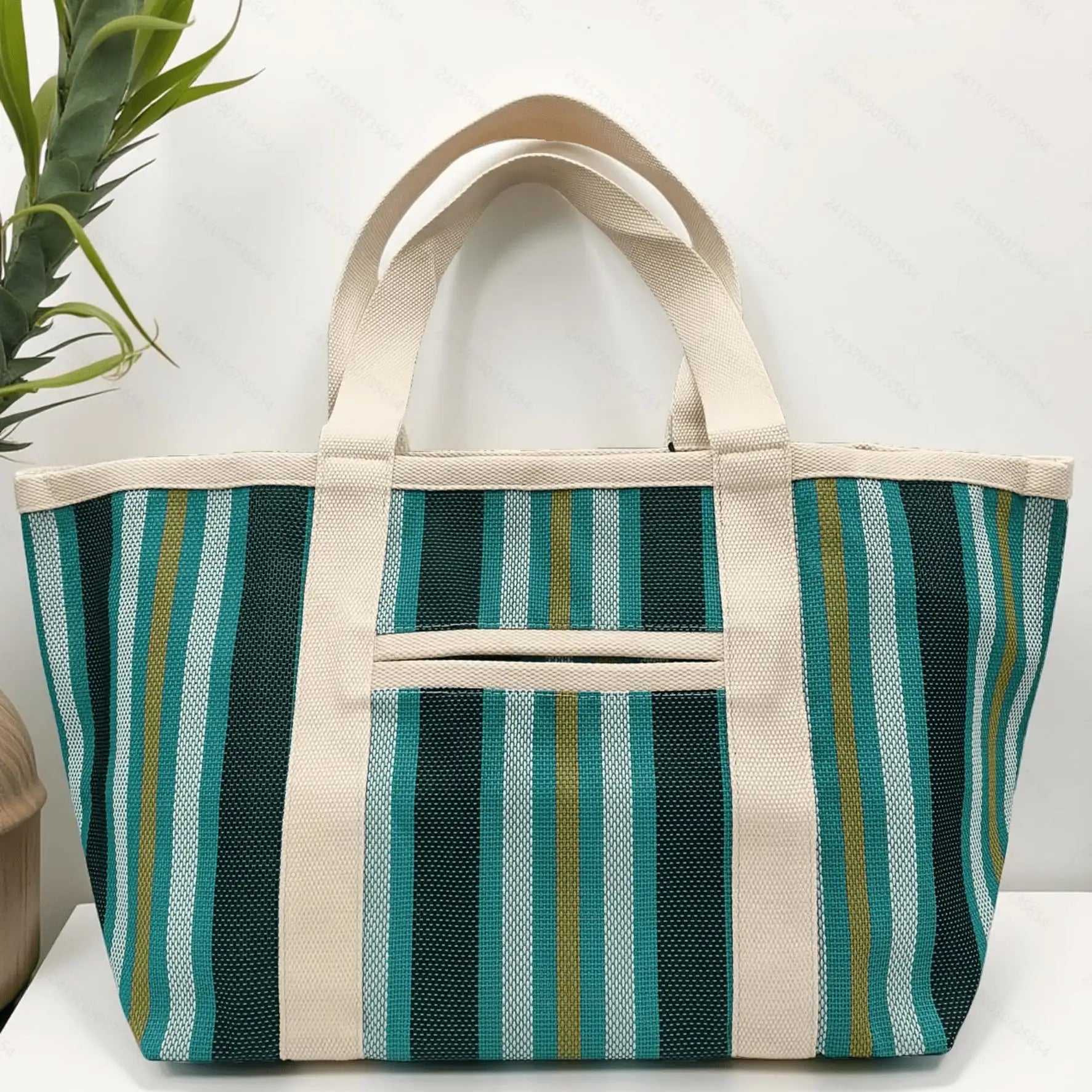 Sac Cabas Rayé Été — Tote Bag Nylon Grande Capacité Multi-Poches Réutilisable