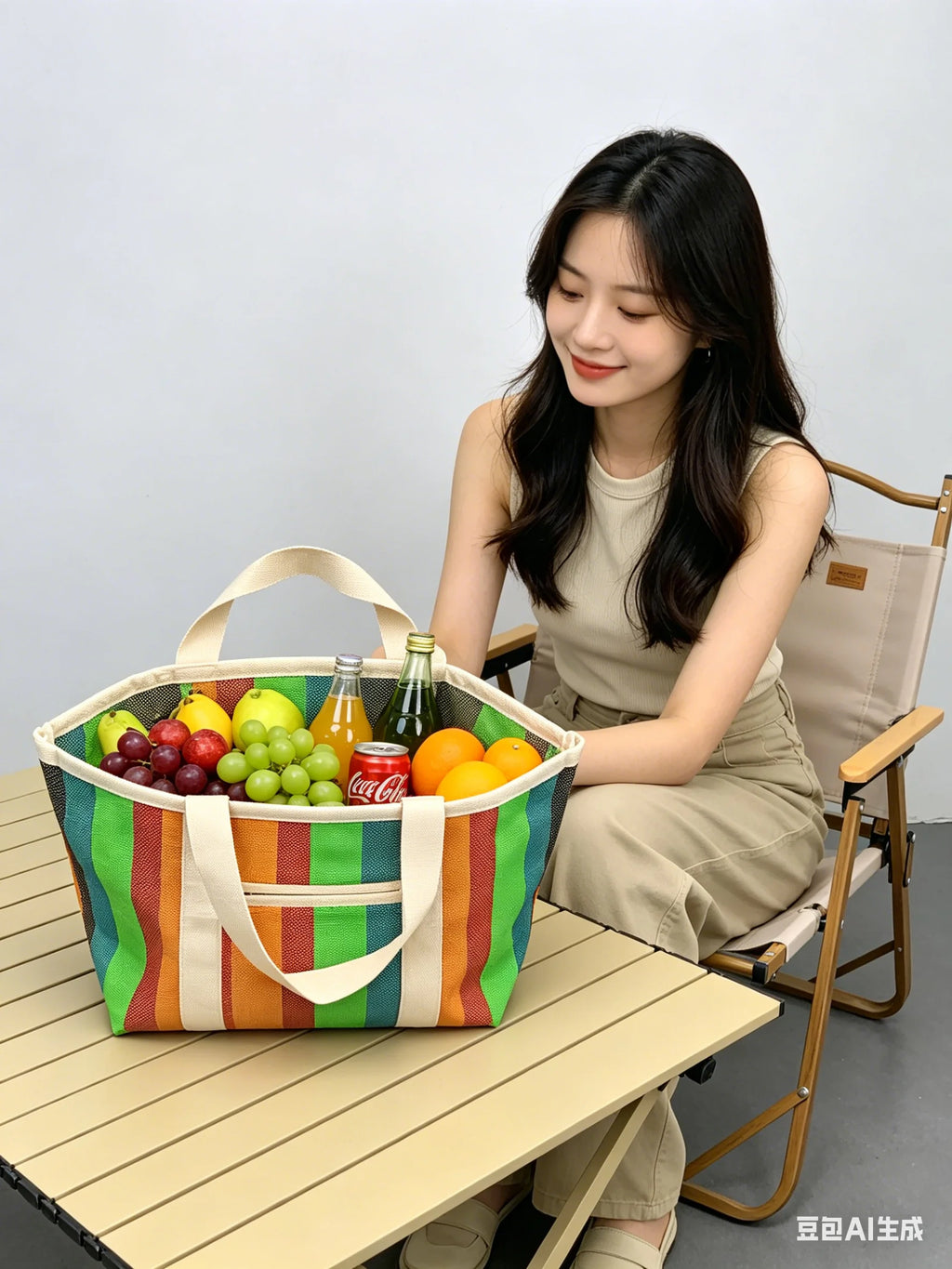 Sac Cabas Rayé Été — Tote Bag Nylon Grande Capacité Multi-Poches Réutilisable