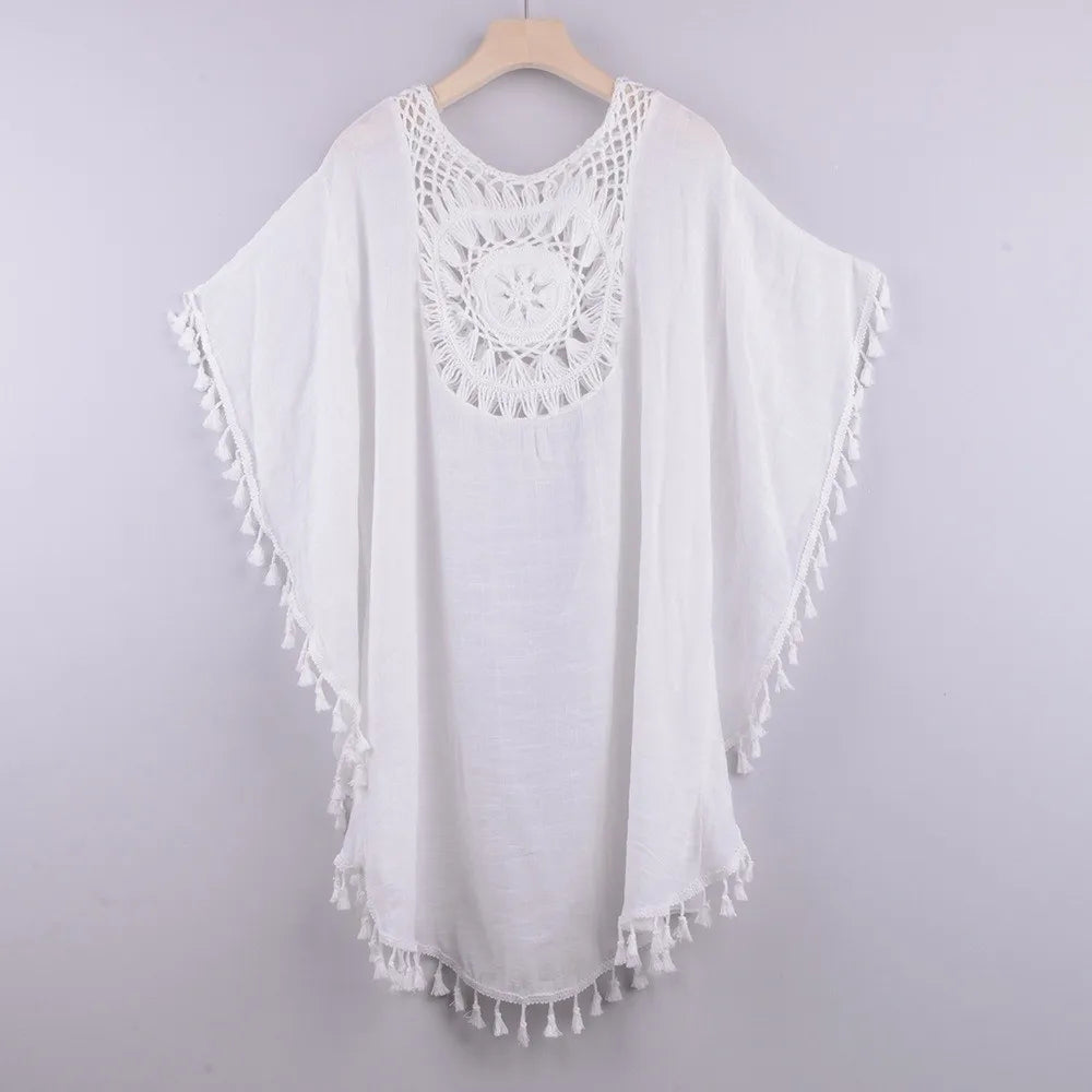 Tunique Cover-Up Plage Tricot Ajourné à Franges — Motif Tournesol Grande Taille Femme