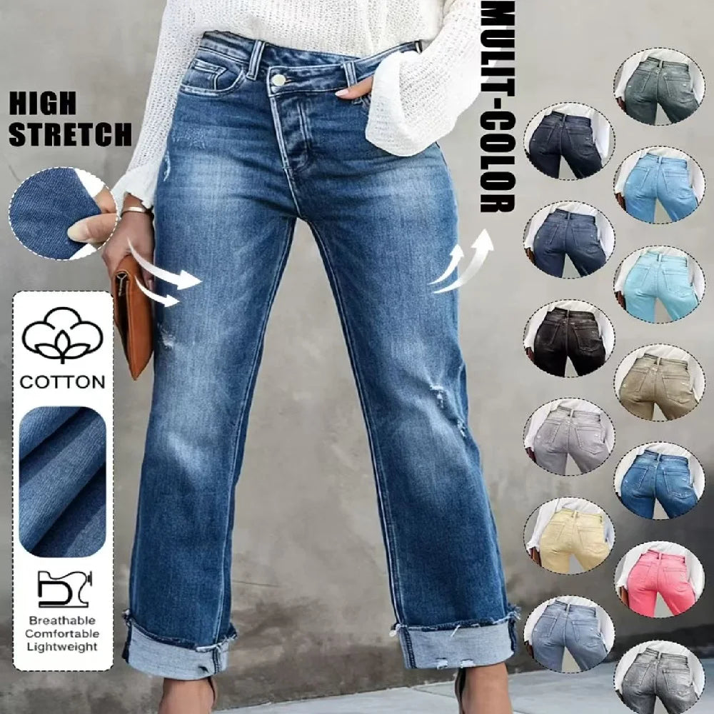 Jean Droit Taille Haute Femme – Slim Stretch Couleur Unie Toutes Saisons