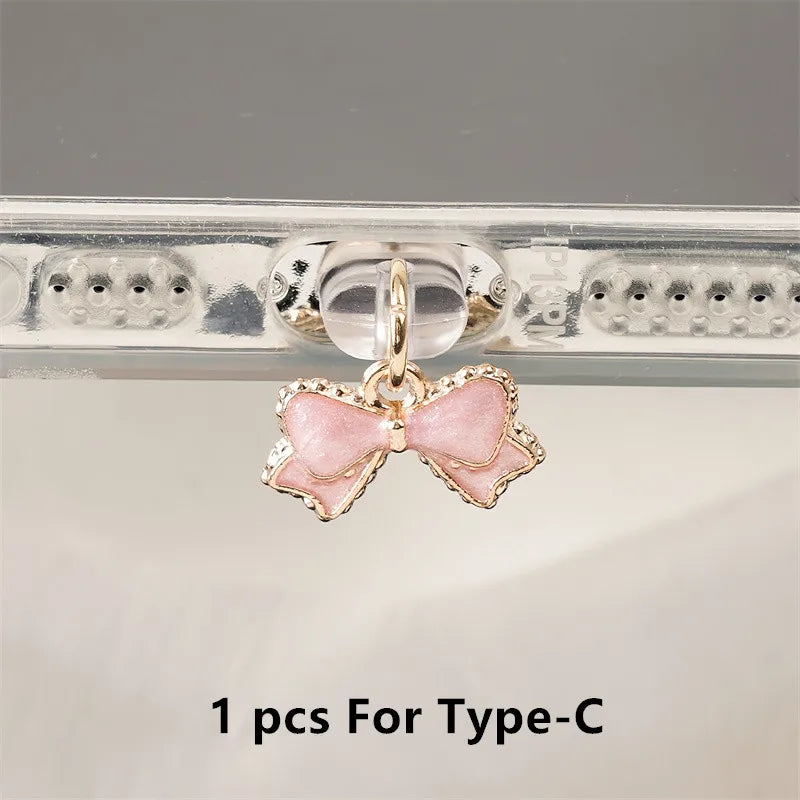 Bouchon Anti-poussière Nœud Papillon Rose & Blanc — Port Lightning, USB-C & Android