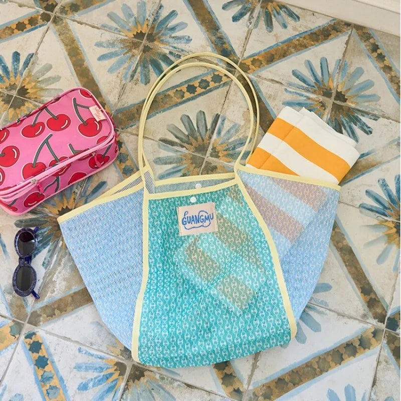 Sac de Plage Mesh Color Block Grande Capacité — Sac Tote Voyage Piscine Femme