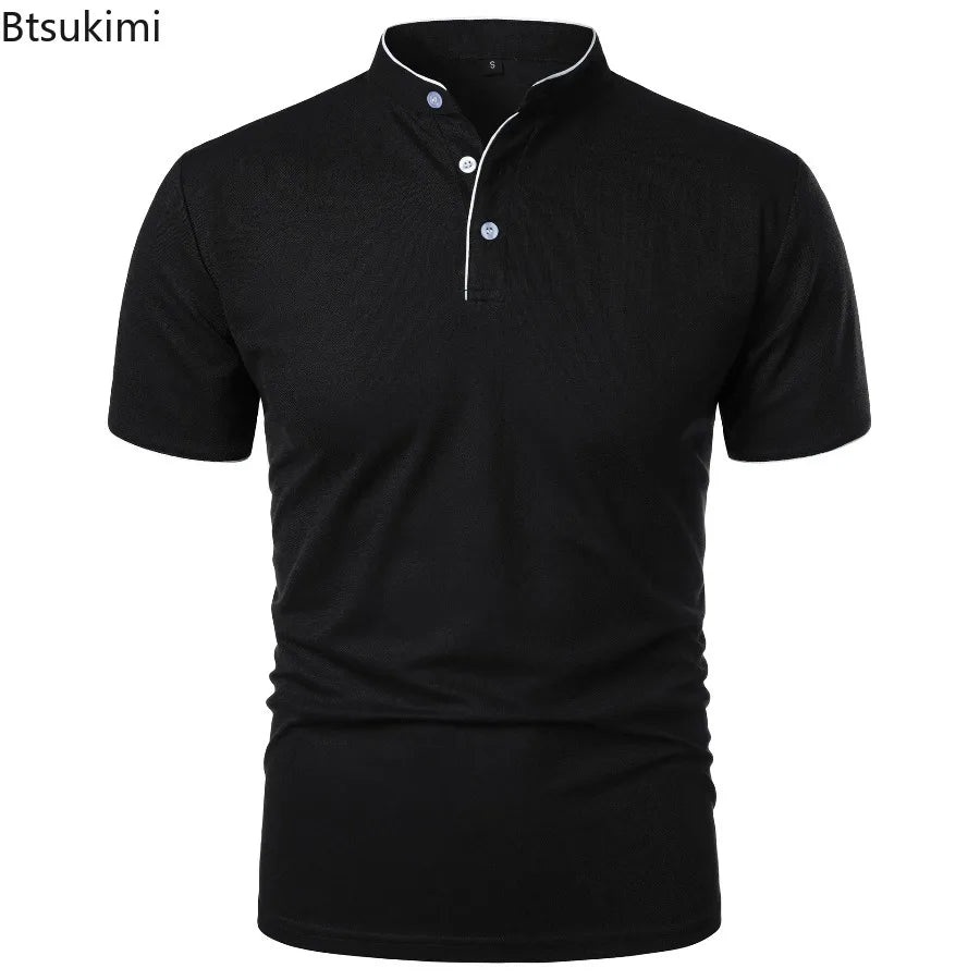 T-Shirt Homme Col Montant Patchwork Manches Courtes — Haut Casual Respirant Business
