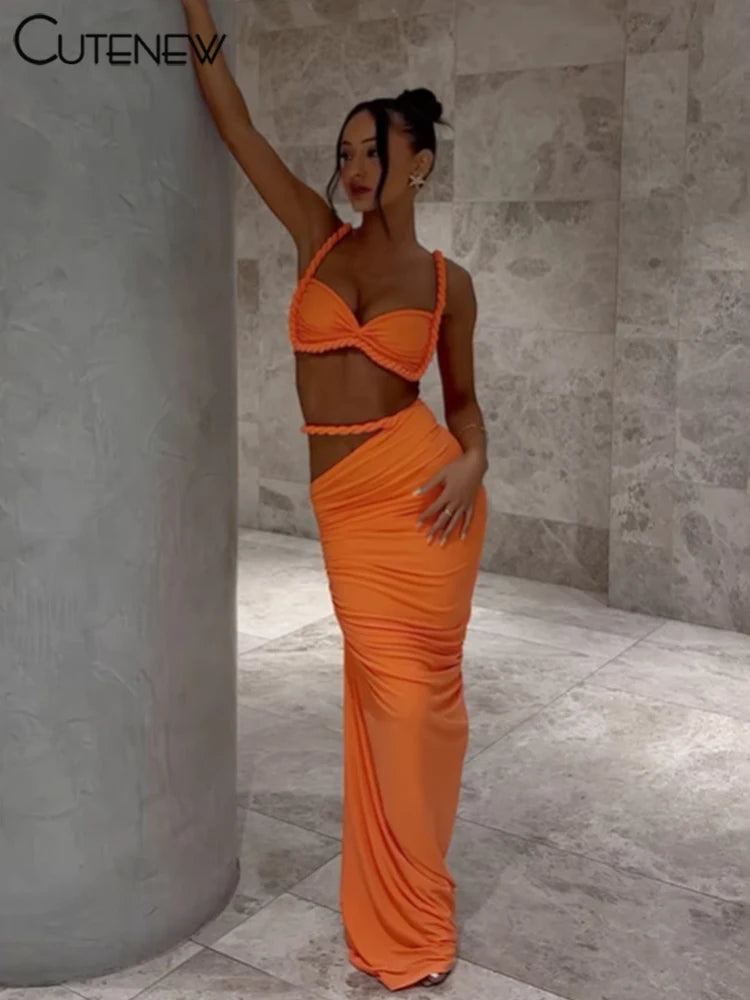 Ensemble 2 Pièces Femme — Crop Top Bretelles Plissé + Jupe Longue Taille Haute Style Vacances