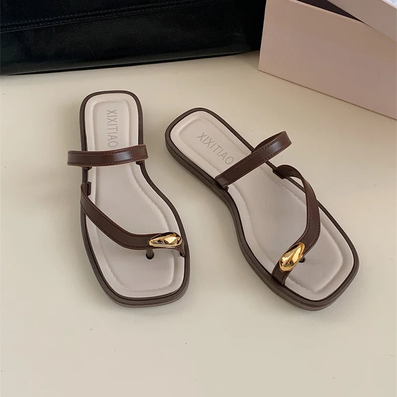 Sandales Minimalistes Style Français Bout Carré Ankle-Wrap Femme — Plage Été