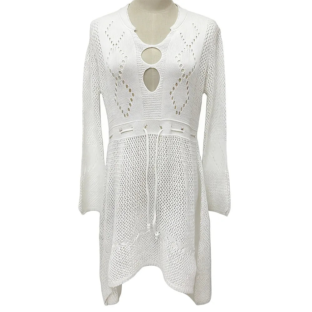 Chemise Cover-Up Plage Tricot Ajourné Col V — Protection Solaire Casual Femme