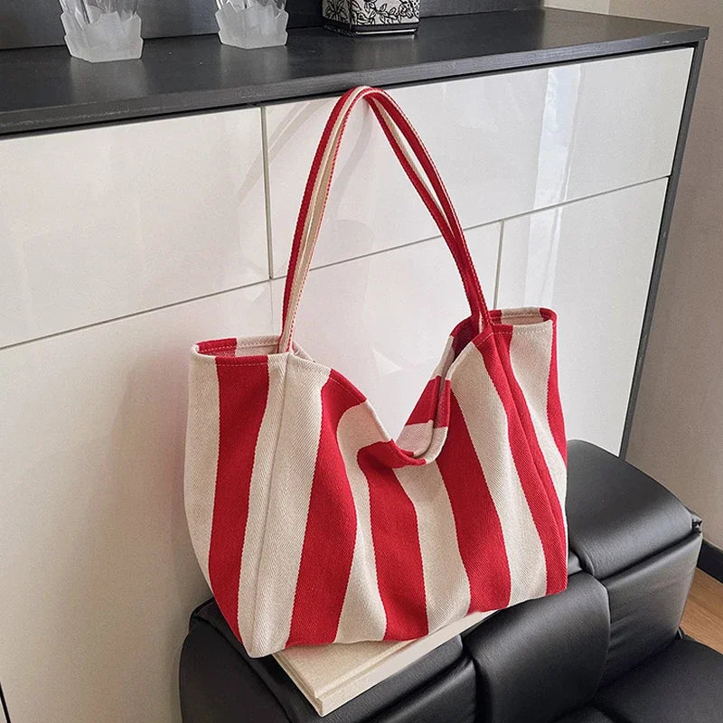 Grand Tote Bag Rayé Style Coréen — Sac Cabas Canvas Grande Capacité Femme