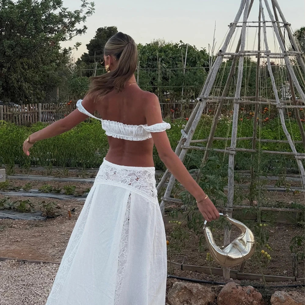 Ensemble 2 Pièces Femme Boho Vintage — Top Crop Dentelle Col Carré + Jupe Longue