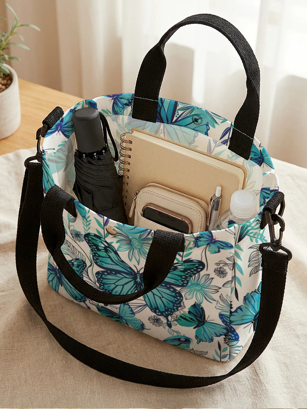 Sac Tote Canvas Papillon Floral Bleu Sarcelle — Sac Bandoulière Détachable Femme Shopping