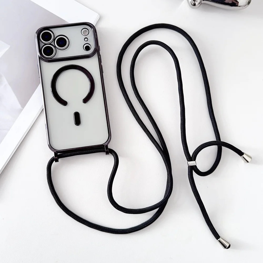 Coque Transparente Magnétique avec Lanière — iPhone 11 à 17 Pro Max, Compatible MagSafe