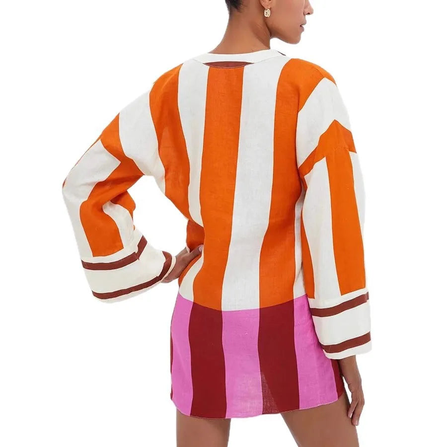 Mini Robe Lin Col V Manches Longues Ajourées — Imprimé Rayé Femme Automne Hiver