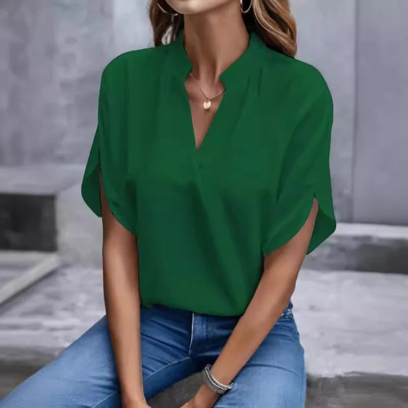 Top Blouse Col V Manches Courtes — Chemisier Casual Femme Grande Taille