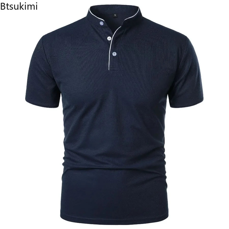 T-Shirt Homme Col Montant Patchwork Manches Courtes — Haut Casual Respirant Business