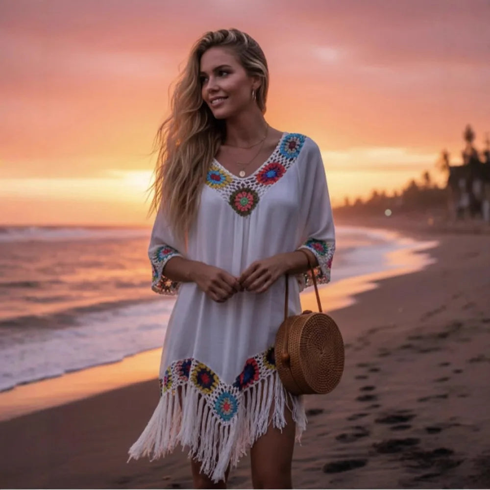 Robe Cover-Up Plage à Franges Crochet Ajourné — Col V Casual Femme