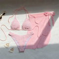Bikini 3 Pièces Rose Col V Halter — Maillot de Bain Femme Plage