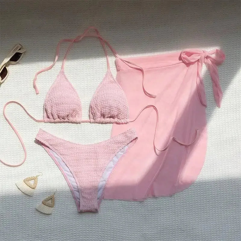 Bikini 3 Pièces Rose Col V Halter — Maillot de Bain Femme Plage