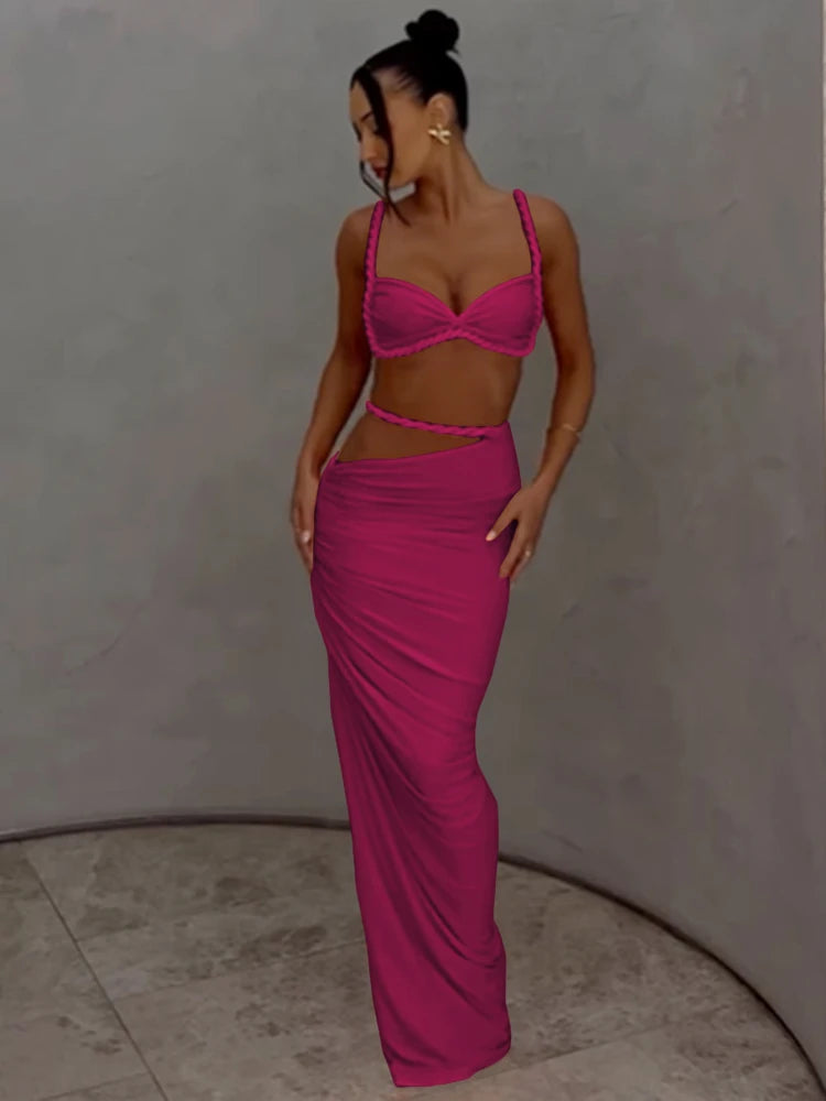 Ensemble 2 Pièces Femme — Crop Top Bretelles Plissé + Jupe Longue Taille Haute Style Vacances