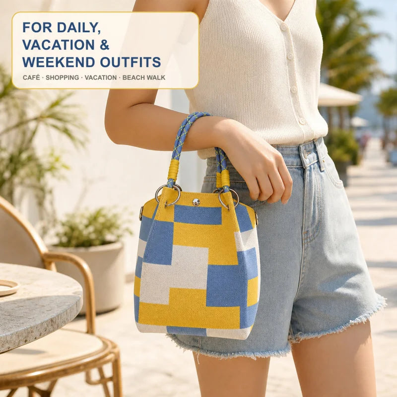 Mini Sac Seau Tricoté — Pochette Femme Motifs Géométriques Bohème