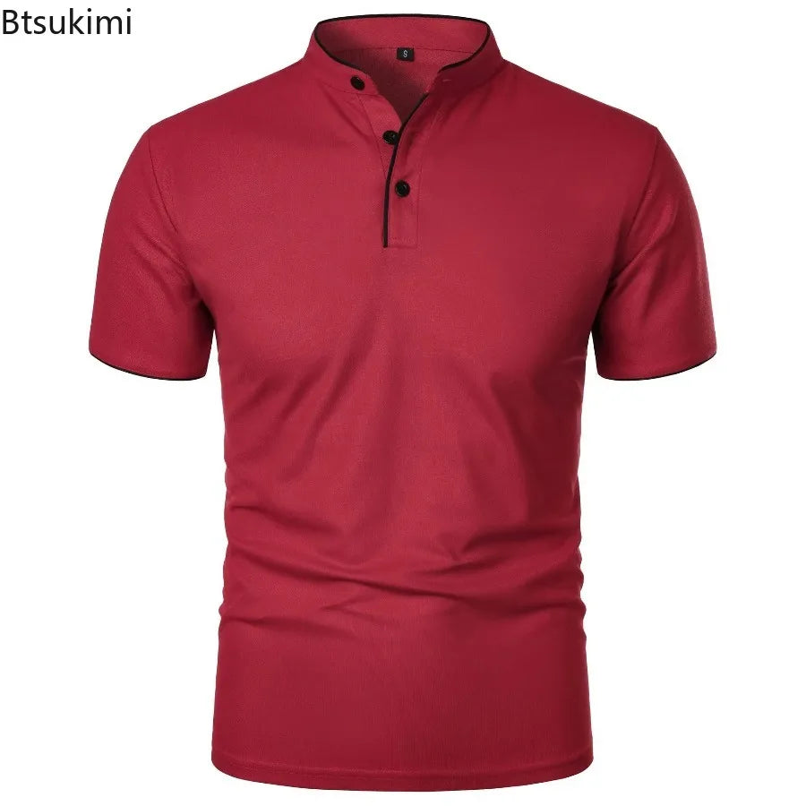 T-Shirt Homme Col Montant Patchwork Manches Courtes — Haut Casual Respirant Business