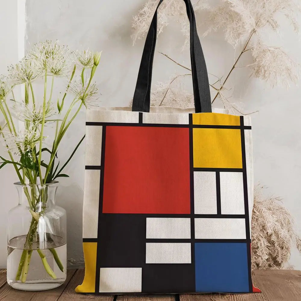 Tote Bag Canvas Style Mondrian — Sac Courses Éco-Responsable Grande Capacité
