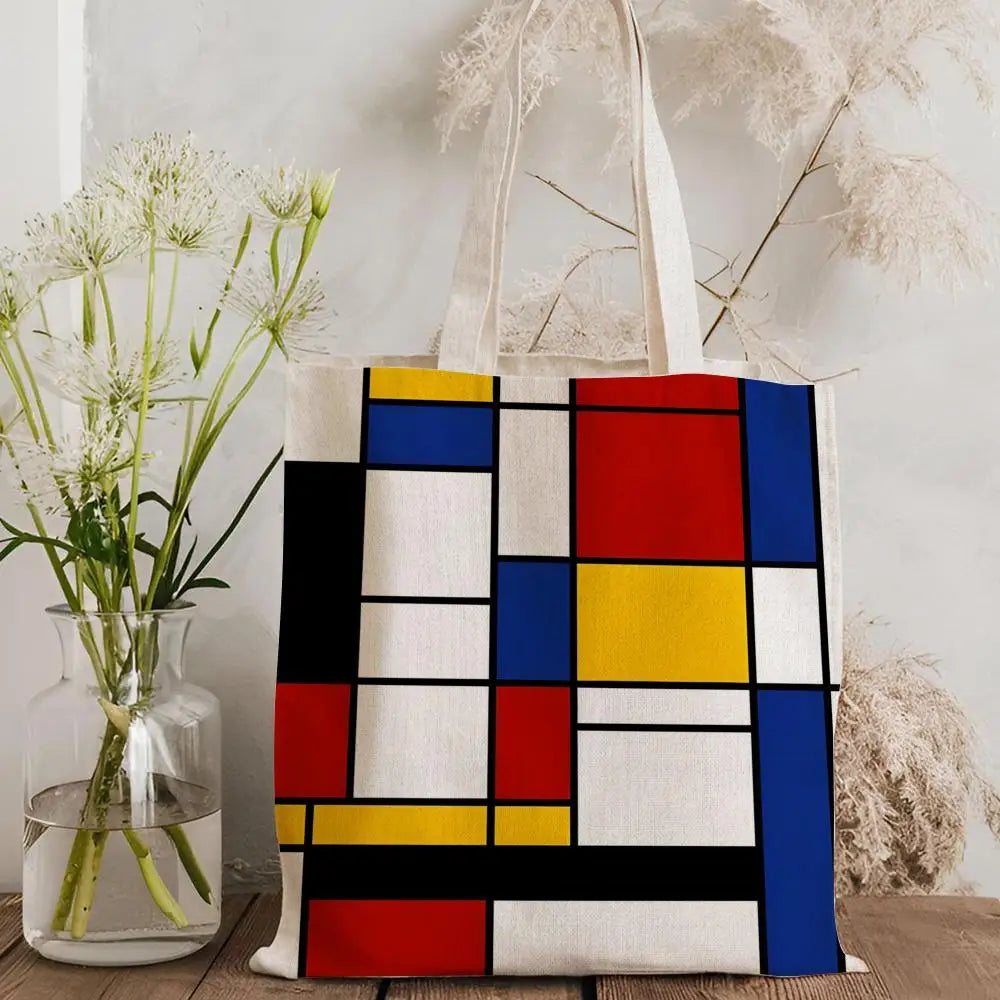 Tote Bag Canvas Style Mondrian — Sac Courses Éco-Responsable Grande Capacité