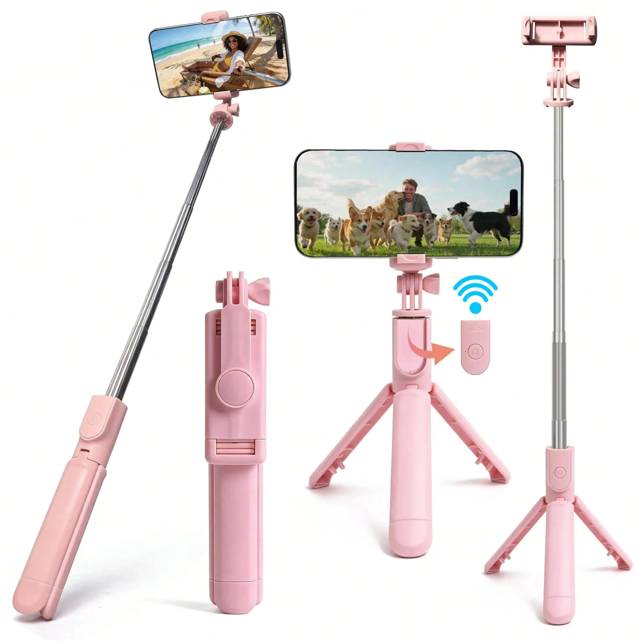 Perche à Selfie Sans Fil avec Trépied Intégré & Télécommande — Rotation 360°, Hauteur 71 cm